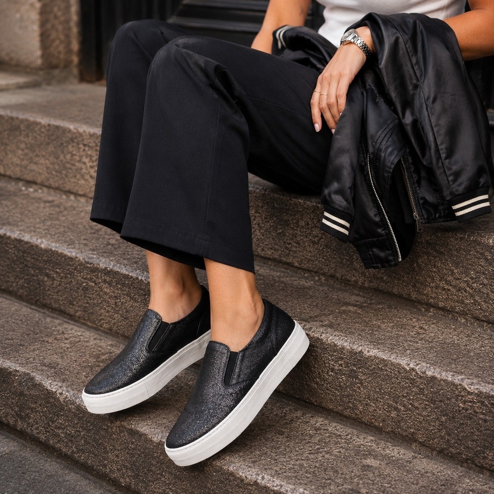 Moncler Womens Black Metallic Leather Slip-On Platform Sneakers Made in Italy 38